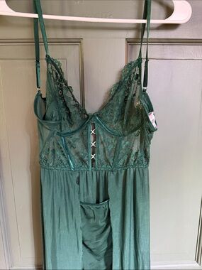 Delicate Lace & Satin Dark Green gown with Adjustable Straps